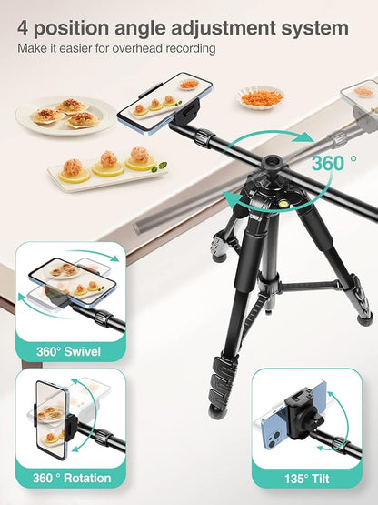 Elitehood iPhone Tripod for Overhead Video Recording [Heavy Duty & Ultra-Stable], 25in Horizontal Long Extendable Boom, 360° Rotation iPhone Tripod Stand with Remote, Vertical 71" Tall Phone Stand