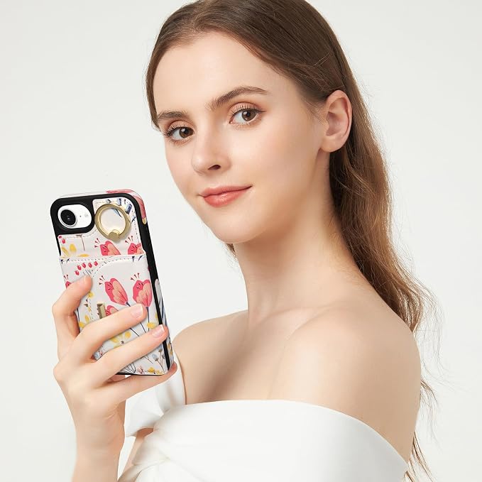 Keallce Wallet Case for iPhone 17e/iPhone 16e, Flip Case with Card Slots, Ring Holder Kickstand, PU Leather Protective Folio Cover for Women,Floral