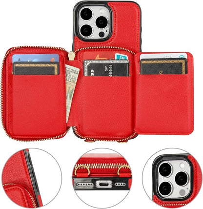 Bocasal RFID Blocking Wallet Case for iPhone 15 Pro Max, Adjustable Crossbody Zipper Purse with Wrist Strap, PU Leather Flip Folio Case 6.7 Inch 5G (Red)