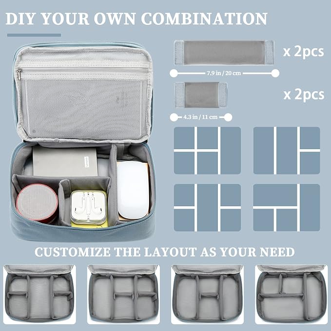 Lanola Custom Personalized Travel Cable Organizer Bag, Electronic Accessories Case Portable Double Layer Cable Storage Bag with DIY Dividers & Custom Photo Text - Light blue