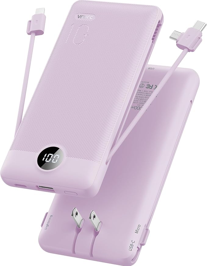 VRURC Portable Charger, Power Bank Built-in Cables and AC Wall Plug | USB C Power Bank 10000mAh Travel Essentials Phone Charger Compact External Battery Pack For Smart Phones, Tablets etc-Purple