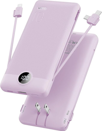 VRURC Portable Charger, Power Bank Built-in Cables and AC Wall Plug | USB C Power Bank 10000mAh Travel Essentials Phone Charger Compact External Battery Pack For Smart Phones, Tablets etc-Purple