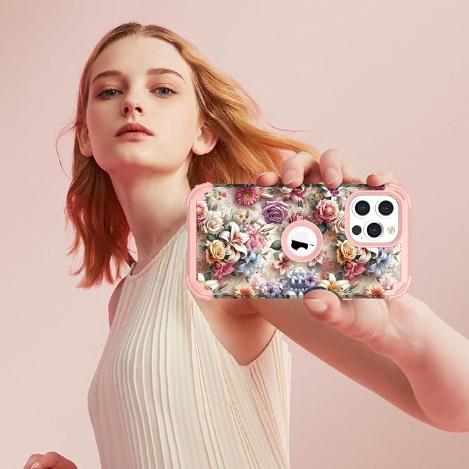 Hocase for iPhone 13 Pro Max Case, Heavy Duty Shockproof Protection Soft Silicone Rubber Bumper+Hard Plastic Hybrid Protective Case for iPhone 13 Pro Max (6.7") 2021 - Joyful Flowers
