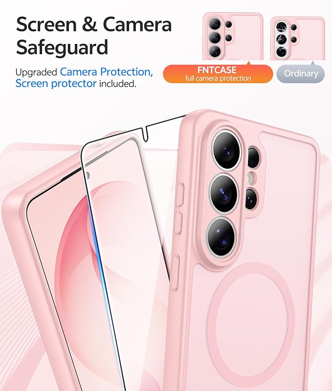 FNTCASE for Samsung Galaxy S26-Ultra Case: [Fit for Magsafe] [Full Camera Protection] Translucent Matte Cases with [Screen Protector] Military Grade Shockproof Protective Phone Cover - Light Pink