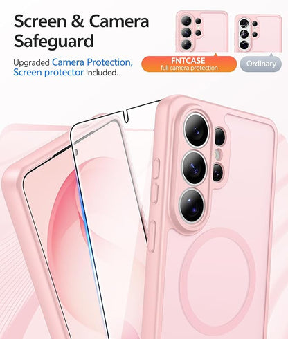 FNTCASE for Samsung Galaxy S26-Ultra Case: [Fit for Magsafe] [Full Camera Protection] Translucent Matte Cases with [Screen Protector] Military Grade Shockproof Protective Phone Cover - Light Pink