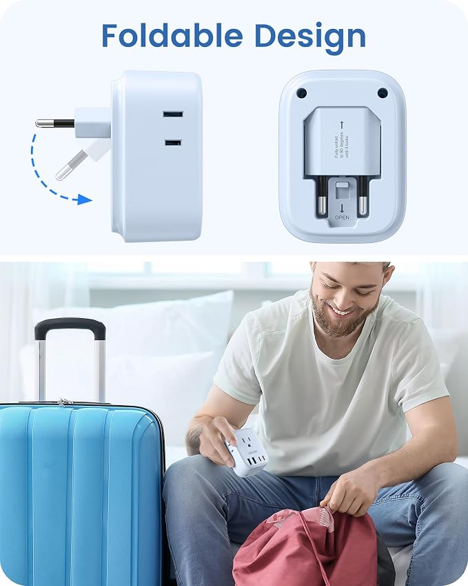LENCENT European Travel Plug Adapter US to Europe Type-C Foldable Plug | with 4 Outlets 4 USB Ports (2 USB C), Power Adaptor for USA to EU Euro Iceland Spain Italy France Germany Greece, Blue