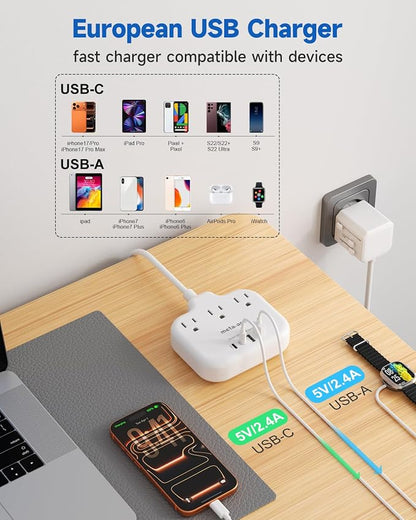 European Travel Plug Adapter - Multi Country Outlet Adapter with 3 AC Outlets & 4 USB(2USB-C)4.2A, 5ft Universal Power Cord, Worldwide Outlet Charger for Europe EU Germany France, Type A/C/G/I, Travel