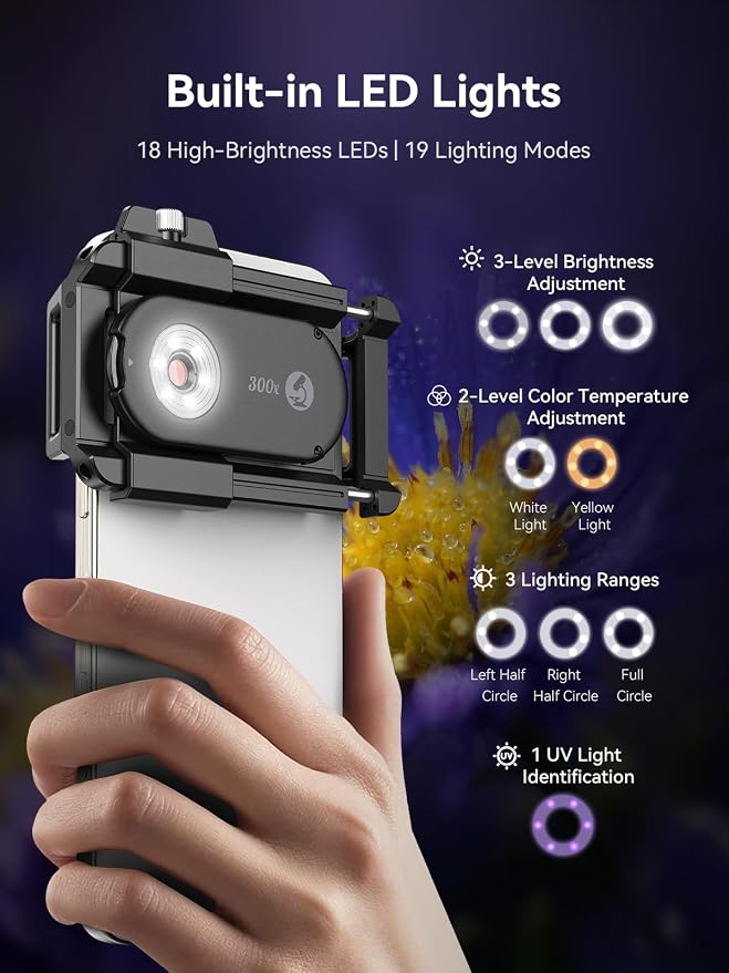 MIAO LAB 300X Phone Microscope Lens, Phone Camera Micro Lens with Universal Clip/LED Light/CPL, Mini Pocket Microscope Attachment Fit for iPhone 16/15/14/13, and Most Smartphone