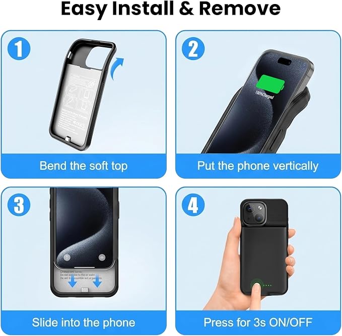 BOPPS Battery Case for iPhone 15 Pro Max/15 Plus【2026 New】 Slim 8000mAh Portable Charger Case 360°Protection Rechargeable Extended Charging case for iPhone 15 Pro Max，iPhone 15 Plus (Black)