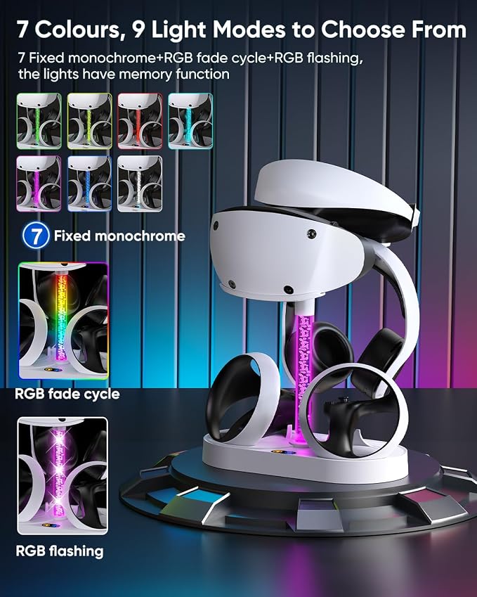 FASTSNAIL Charging Stand for PlayStation VR2, Multifunctional PS VR2 Headset & Sense Controllers Charge Dock Station with 10 RGB Light Modes of Memory, Storage Base Gaming Accessories for PS5 VR2