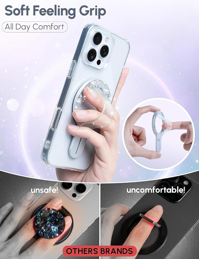 for MagSafe Phone Grip for iPhone - Glitter Magnetic Phone Ring Holder for Women Girs - Comfortable Stylish Finger Phone Loop Grip for iPhone 17/16/15/14/13/12,Glitter Silver