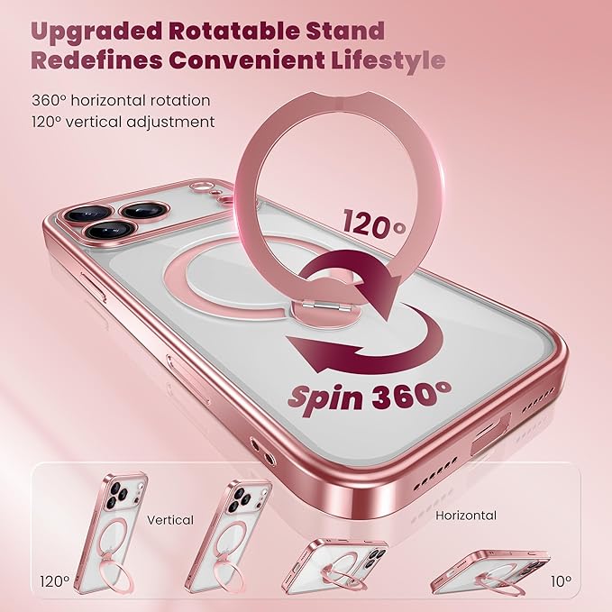 GolbinBox for iPhone 17 Pro Case with 360° Spin Magnetic Stand,[Compatible with Magsafe] [Military Protection][Built-in Ring Holder] Camera Control Phone Case for 17 Pro,Pink/Clear