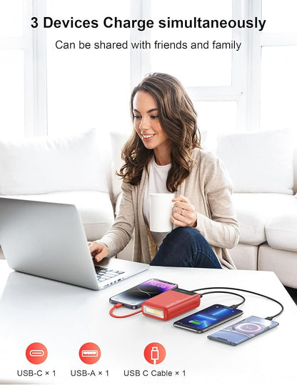Portable Charger, 27000mAh 22.5W Fast Charging Power Bank with Built-in Cable, USB C Battery Pack with LED Display & Flash Light, Travel Essential External Battery Charger Bank for iPhone Samsung Red