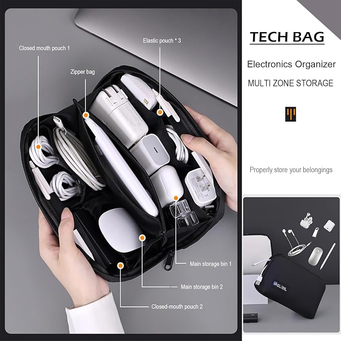 Tech Pouch,Travel Cord Rrganizer Case,Waterproofing Data Cable Storage Bag，9inches*5inches,For Charger, Cables, USB Drive,Phone,Power Bank,MemoryCard(Grey)
