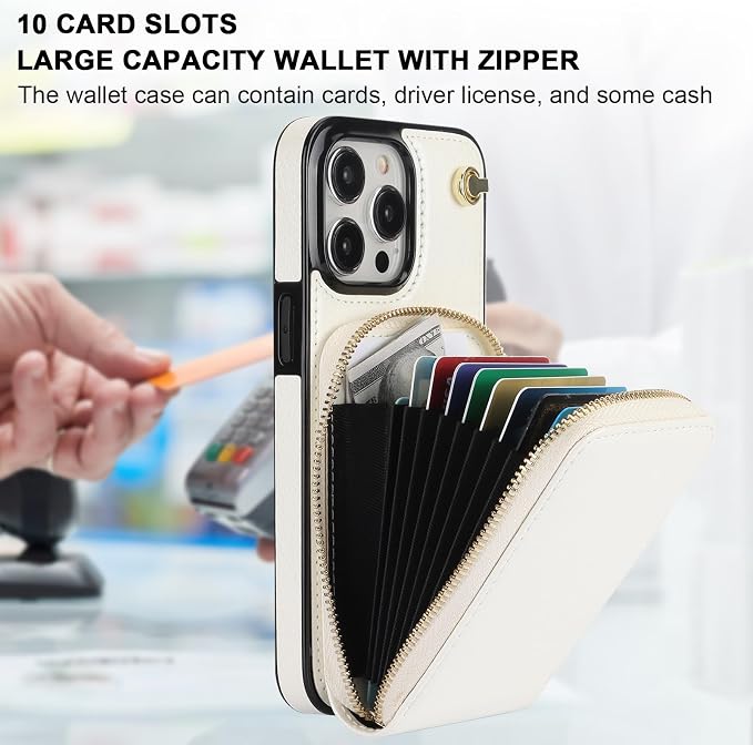 KIHUWEY Crossbody Wallet Case for iPhone 15 Pro Max, Zipper Pocket PU Leather RFID Blocking Protective Cover Case with Kickstand and Detachable Wrist Strap Lanyard 6.7" (White)
