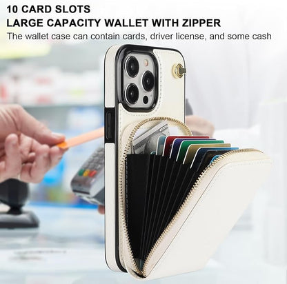 KIHUWEY Crossbody Wallet Case for iPhone 15 Pro Max, Zipper Pocket PU Leather RFID Blocking Protective Cover Case with Kickstand and Detachable Wrist Strap Lanyard 6.7" (White)