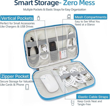 Cord Organizer Travel Case, Cable Organizer Bag for Chargers, USB Cables, Power Bank & Electronics Accessories, Portable Tech Organizer Pouch with Mesh Pockets, Water Resistant Travel Gear Bag