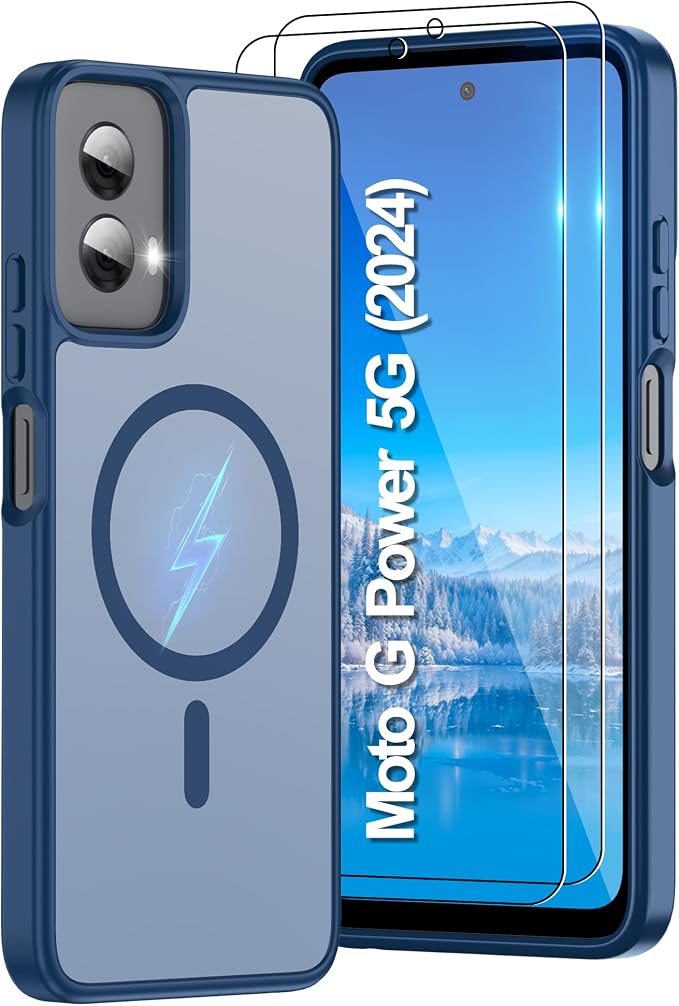 Compatible for Motorola Moto G Power 2024 Phone Case: [Mag-Safe Fit] with 2pc HD Screen Protector, Matte Translucent Soft-Touch Skin & Full Body for Moto GPower 2024, Blue