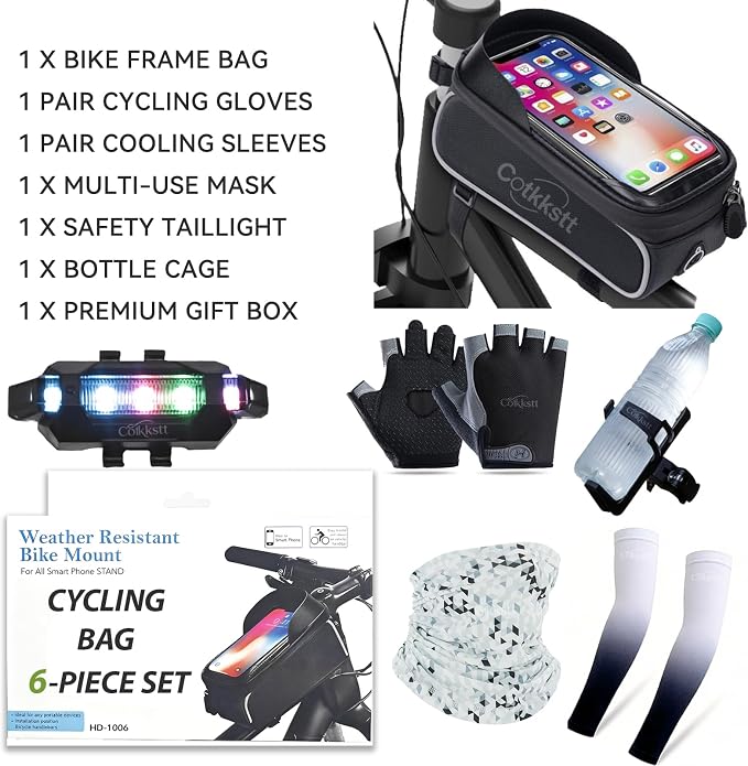 6 Pcs Bike Accessories Set, Mountain Biking Accessories for Men Women, Cycling Bag, Bicycle Lock, Gloves & Waterproof Tail Light, Universal Mountain Road Bicycle Outdoor Safety Riding Gear Kit
