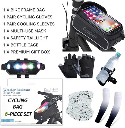 6 Pcs Bike Accessories Set, Mountain Biking Accessories for Men Women, Cycling Bag, Bicycle Lock, Gloves & Waterproof Tail Light, Universal Mountain Road Bicycle Outdoor Safety Riding Gear Kit