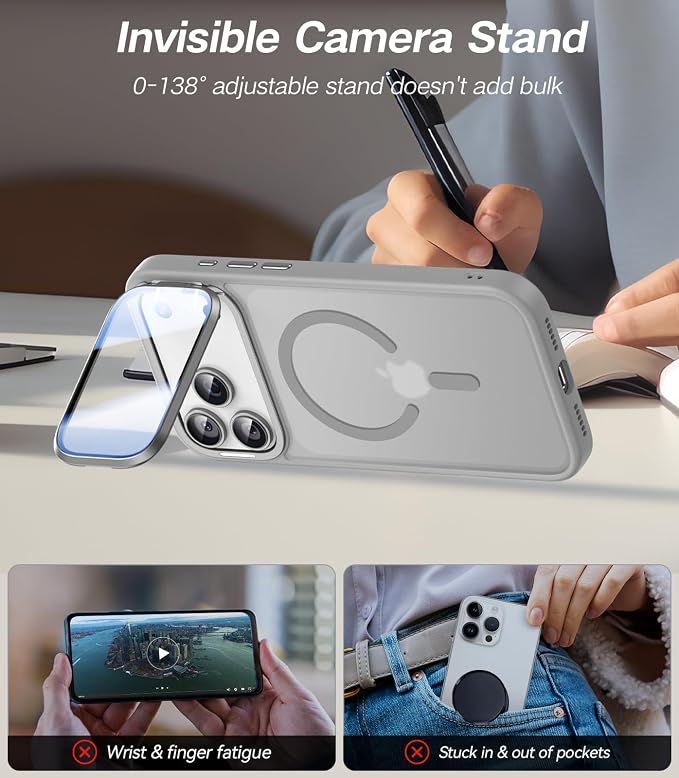 [Upgraded Full Camera Protection] for iPhone 17 Pro Max Case with Camera Cover Stand [Fit for MagSafe][10FT Mil-Grade Protection] Translucent Magnetic iPhone 17 Pro Max Phone Case, Grey