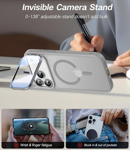 [Upgraded Full Camera Protection] for iPhone 17 Pro Max Case with Camera Cover Stand [Fit for MagSafe][10FT Mil-Grade Protection] Translucent Magnetic iPhone 17 Pro Max Phone Case, Grey