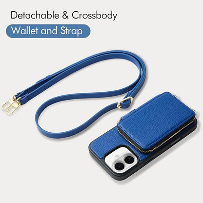 ZVE for iPhone 16 Wallet Case, Leather Zipper Wallet Case Protective Handbag Flip Phone Cover with Crossbody Wrist Strap for iPhone 16 6.1" Navy Blue