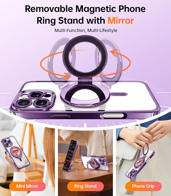 Meifigno Magnetic Case with Removable Phone Ring Stand for iPhone 16 Pro, [Glitter Card & Wrist Strap] [MagSafe Compatible] [Built in Mirror] Magnetic Phone Ring Holder + 16 Pro Case Kit, Purple