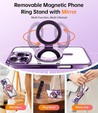 Meifigno Magnetic Case with Removable Phone Ring Stand for iPhone 16 Pro Max 6.9’’, [Glitter Card & Wrist Strap] [MagSafe Compatible] [Built in Mirror] Phone Ring Stand + Phone Case Kit, Purple