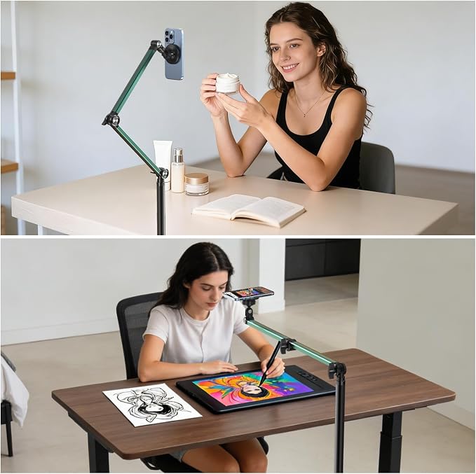 Magnetic Overhead Phone Mount, Cell Phone Stand for Video Recording, 360 Degrees Swivel Tilt Adjustable Floor Camera Filming Tripod. Content Creator Phone Holder, for iPhone/Android (L11-CX)