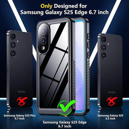 SPIDERCASE for Samsung Galaxy S25 Edge Case Waterproof, Built-in Screen&Camera Lens Protector, [IP68 Underwater][12FT Military Grade Shockproof] Phone Case, Blue/Clear