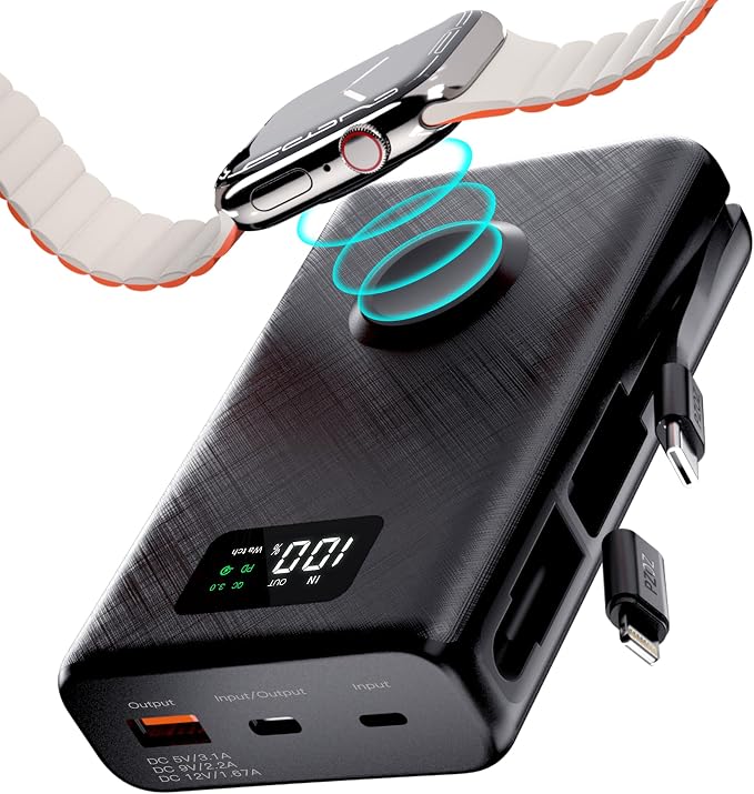 pzoz 20000mAh Portable Power Bank Powerbank with Apple Watch Magnetic Wireless Charger,USB Type C PD Fast Charging Cable Travel High Capacity Compatible iWatch iPhone 17 16 15 (Black)