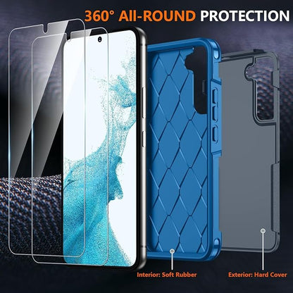 SPIDERCASE Designed for Samsung Galaxy S22 Case, [10 FT Military Grade Drop Protection],2 Pack [Tempered Glass Screen Protector+Camera Lens Protector] Heavy Duty Shockproof Case,Blue
