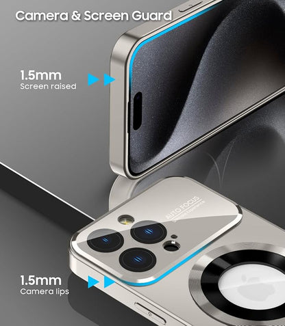 Magnetic for iPhone 15 Pro Max Case, Compatible with MagSafe, Built-in Camera Lens Protector, Logo View, Military Grade Drop Proof Phone Cover, Titanium Gray