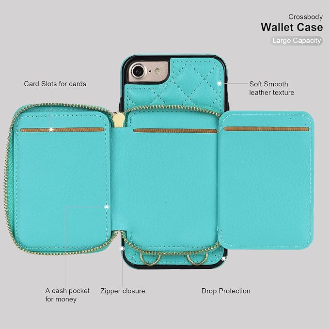 Bocasal Crossbody Wallet Case for iPhone SE 2022/SE 2020/8/7, RFID Blocking PU Leather Zipper Handbag Purse Flip Cover, Kickstand Folio Case Card Slots Holder Wrist Strap Lanyard 4.7 Inch (Mint Green)