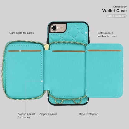 Bocasal Crossbody Wallet Case for iPhone SE 2022/SE 2020/8/7, RFID Blocking PU Leather Zipper Handbag Purse Flip Cover, Kickstand Folio Case Card Slots Holder Wrist Strap Lanyard 4.7 Inch (Mint Green)