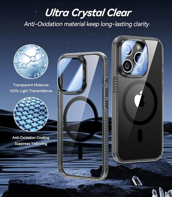 [Upgraded] for iPhone 15 Pro Case with Camera Cover Stand [Fit for MagSafe][9H Camera Lens Protector] Mil-Grade Protection Transparent Magnetic iPhone 15 Pro Phone Case, Clear Black