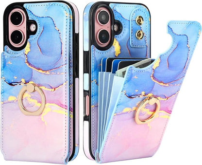 HAOPINSH for iPhone 16 Wallet Case with Card Holder, 360°Rotation Ring Kickstand, Pink Blue Marble Pattern, RFID Blocking Leather for Girls Women, Double Buttons Protective Cover 6.1"