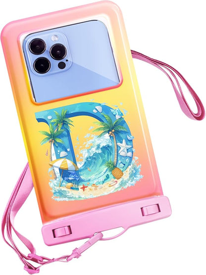 Personalized Initial Waterproof Phone Pouch Case - IPX8 Cellphone Dry Bag with Lanyard for iPhone 16/15/14/13/12 Pro Max (6.1–6.9"), Beach & Cruise Ship Essentials with Monogrammed Design (Pink, D)