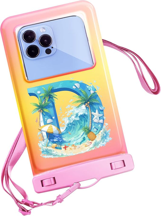 Personalized Initial Waterproof Phone Pouch Case - IPX8 Cellphone Dry Bag with Lanyard for iPhone 16/15/14/13/12 Pro Max (6.1–6.9"), Beach & Cruise Ship Essentials with Monogrammed Design (Pink, D)