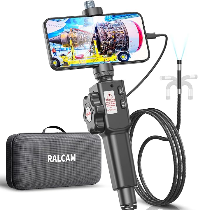 Two-Way Articulating Borescope for Smartphone&iPhone, Ralcam 8.5mm/0.33inch Endoscope Camera with Light, HD 1080P Inspection Camera Automotive Tool