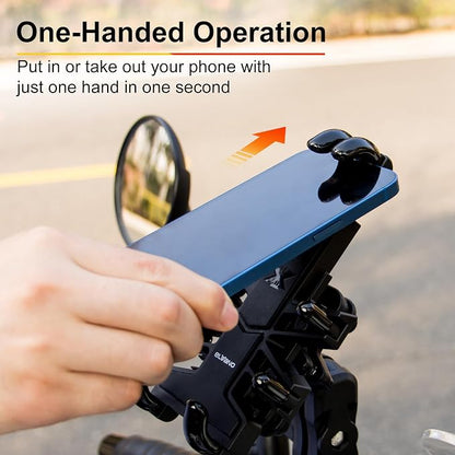 ELVANO Motorcycle Phone Mount Holder: Anti-Shake Phone Mount with Vibration Dampener for 4.7-7.2" Smartphone, Heavy Duty Adjustable Cellphone Clip Fits 0.6-1.3" Handlebar for Bike Bicycle Scooter ATV