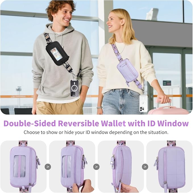 Tiostep Clip and Go Strap for Phone with Wallet Crossbody Phone Lanyard with Anti-Theft Zipper Pouch Detachable Quilted Wrist Wallet with RFID and ID Window for Daily Travel. Purple Large