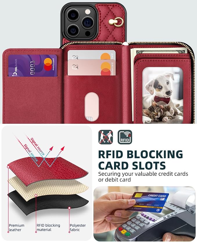 OCASE Compatible with iPhone 16 Pro Crossbody Wallet Case with Card Holder, PU Leather Zipper Handbag Phone Purse with RFID Blocking Kickstand Wrist Strap Lanyard 6.3 Inch, Diamond Check Red