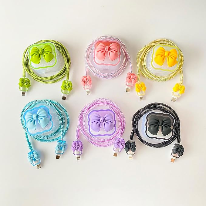 Charger Protection Set, Compatible with Apple 40W Dynamic Power Adapter (with 60W Max), DIY 3D Wave Gradient Flexible TPU Charger Case + Plated Spiral Data Cable Protector, Blue Bowknot (5in1)