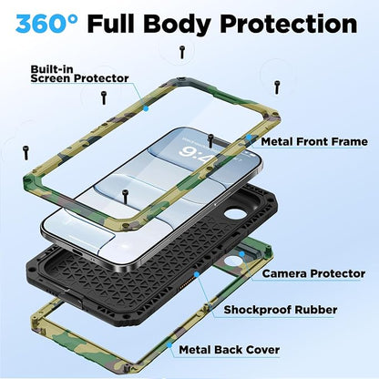 Beasyjoy for iPhone Air Case Waterproof, Heavy Duty Metal Full Body Protection, Built-in Screen Protector, Military Grade Shockproof Rugged Hard Phone Cover for iPhone 17 Air 6.5", Camo