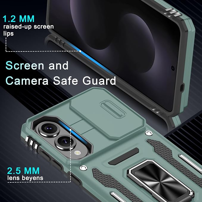 DEERLAMN Case for Samsung Galaxy S25 Edge with Slide Camera Cover+Screen Protector (1 Pack), Rotated Ring Kickstand Military Grade Shockproof Protective Cover-Green