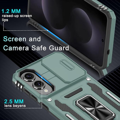 DEERLAMN Case for Samsung Galaxy S25 Edge with Slide Camera Cover+Screen Protector (1 Pack), Rotated Ring Kickstand Military Grade Shockproof Protective Cover-Green