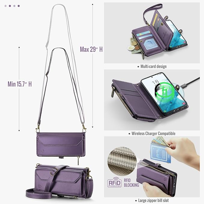 Strapurs Crossbody Wallet Case Compatible with Samsung Galaxy S22 5G RFID Blocking Card Holder Soft PU Leather Magnetic Snap Shoulder Strap Zipper Pocket Phone Case Fit for Galaxy S22 6.1" - Purple
