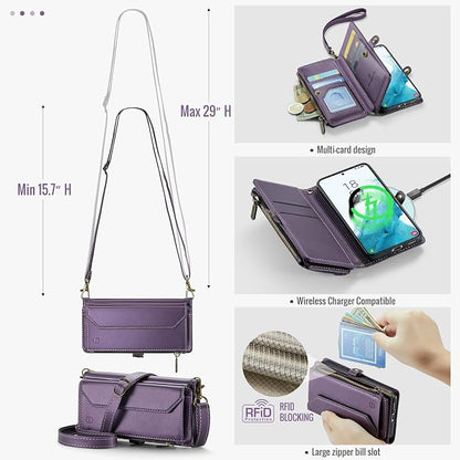 Strapurs Crossbody Wallet Case Compatible with Samsung Galaxy S22 5G RFID Blocking Card Holder Soft PU Leather Magnetic Snap Shoulder Strap Zipper Pocket Phone Case Fit for Galaxy S22 6.1" - Purple